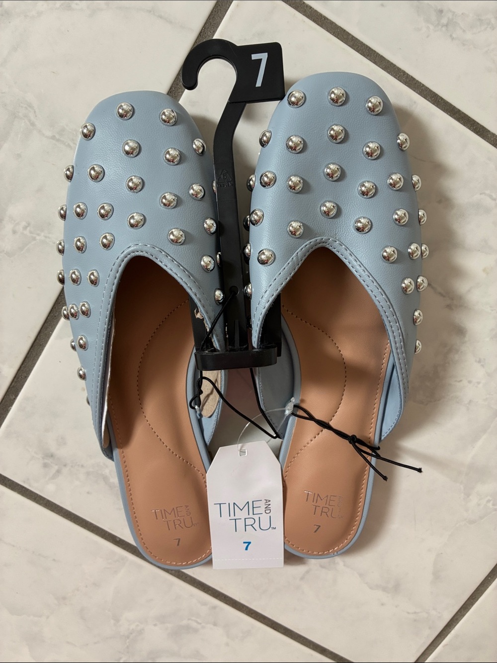 Time and Tru Light Blue Studded Slip-On Mules